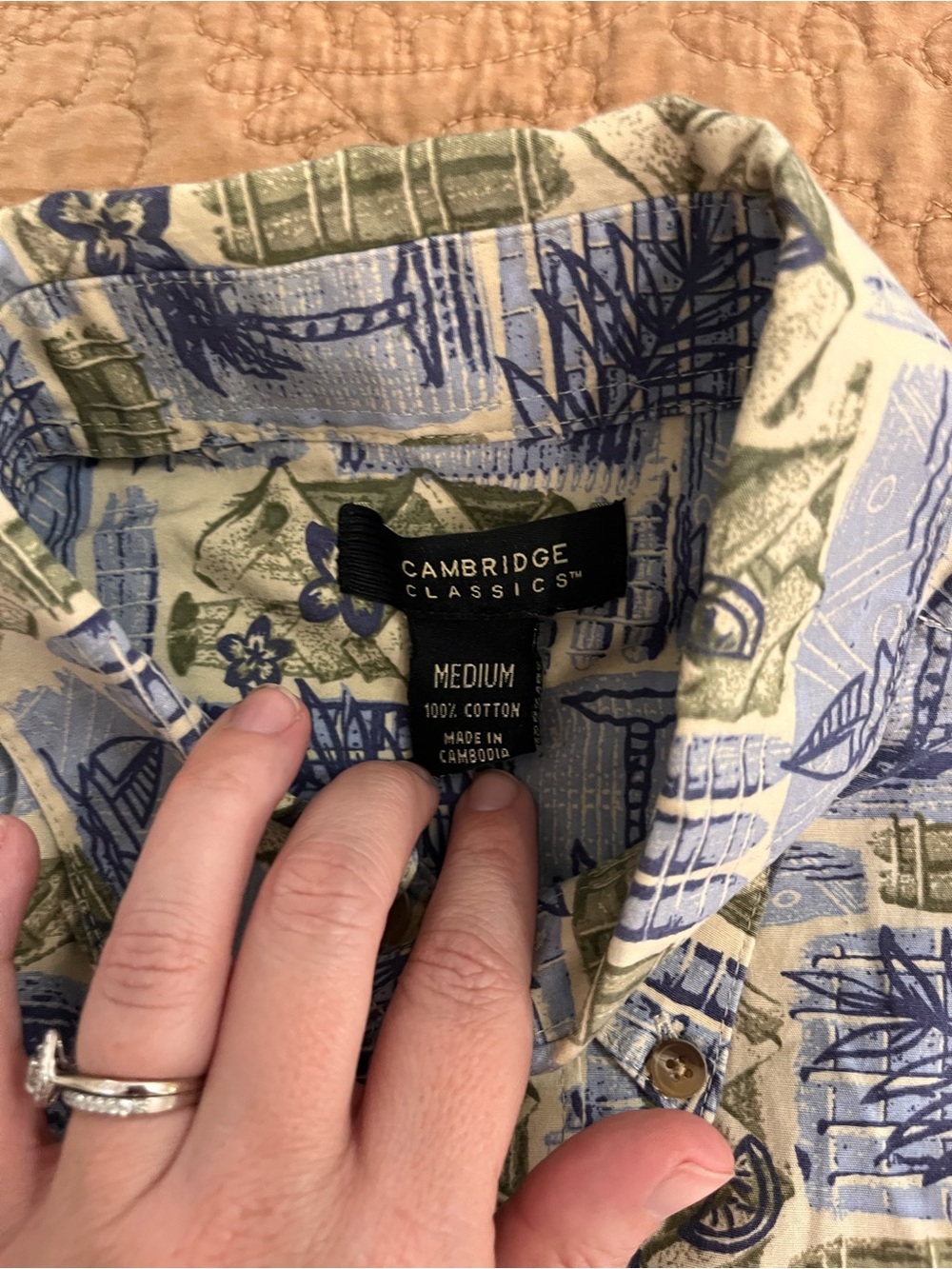 Men's 100% Cotton Short-Sleeve Button-Down Shirt Blue Green Hawaiian Beach - Picture 4 of 5